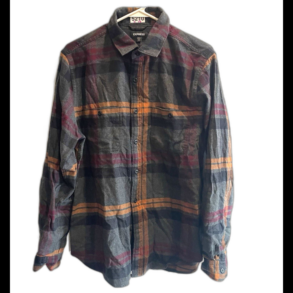 Express Gray Orange Plaid Flannel Mens Shirt Long Sleeve Casual Classic Preppy